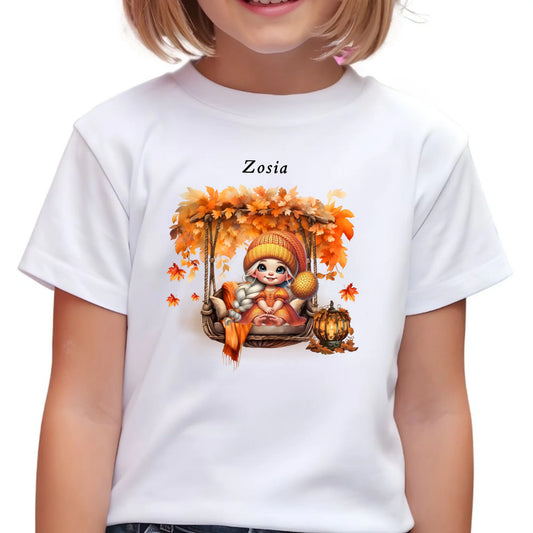 Koszulka dziecięca jesienna - Dziewczynka z liśćmi - personalizowana JS17 - StoryCups.pl