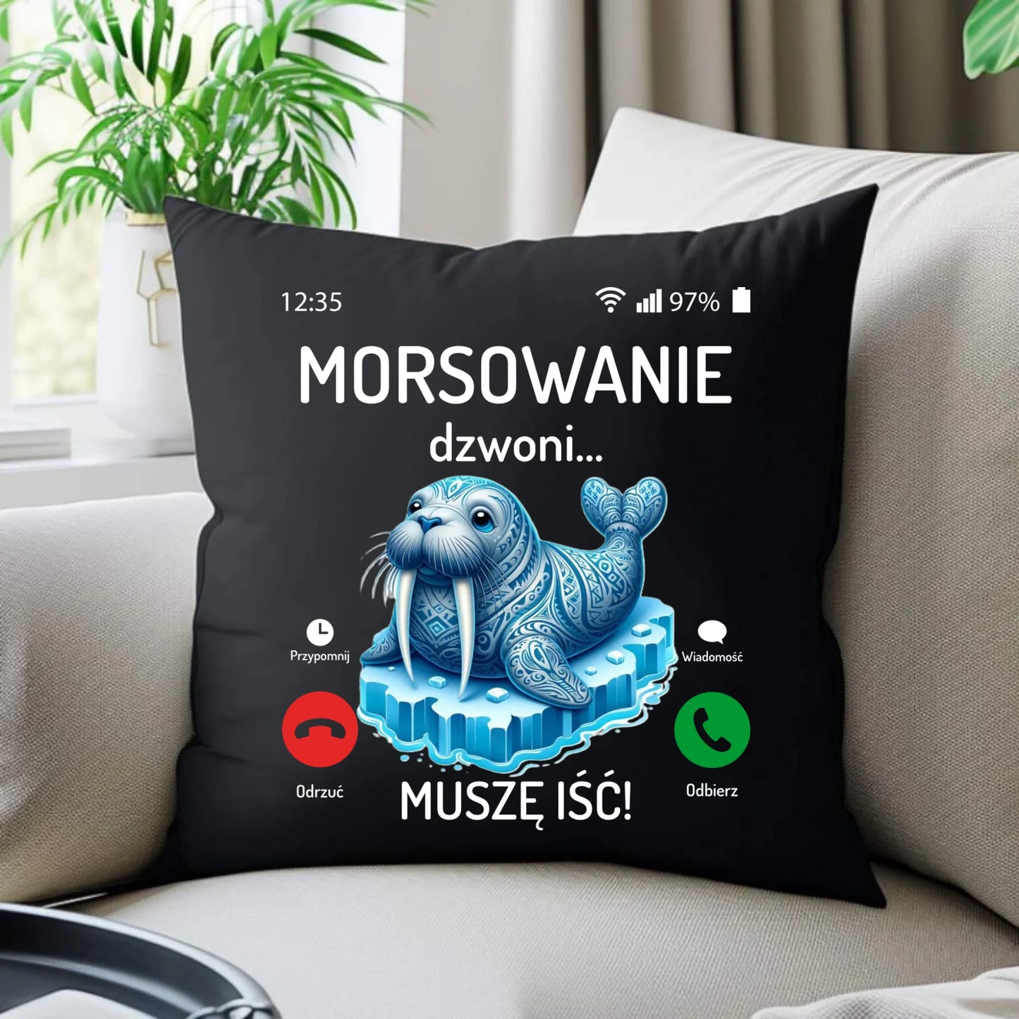 Poduszka dekoracyjna - prezent dla morsa - Morsowanie dzwoni muszę iść - Mors HM04 - StoryCups.pl