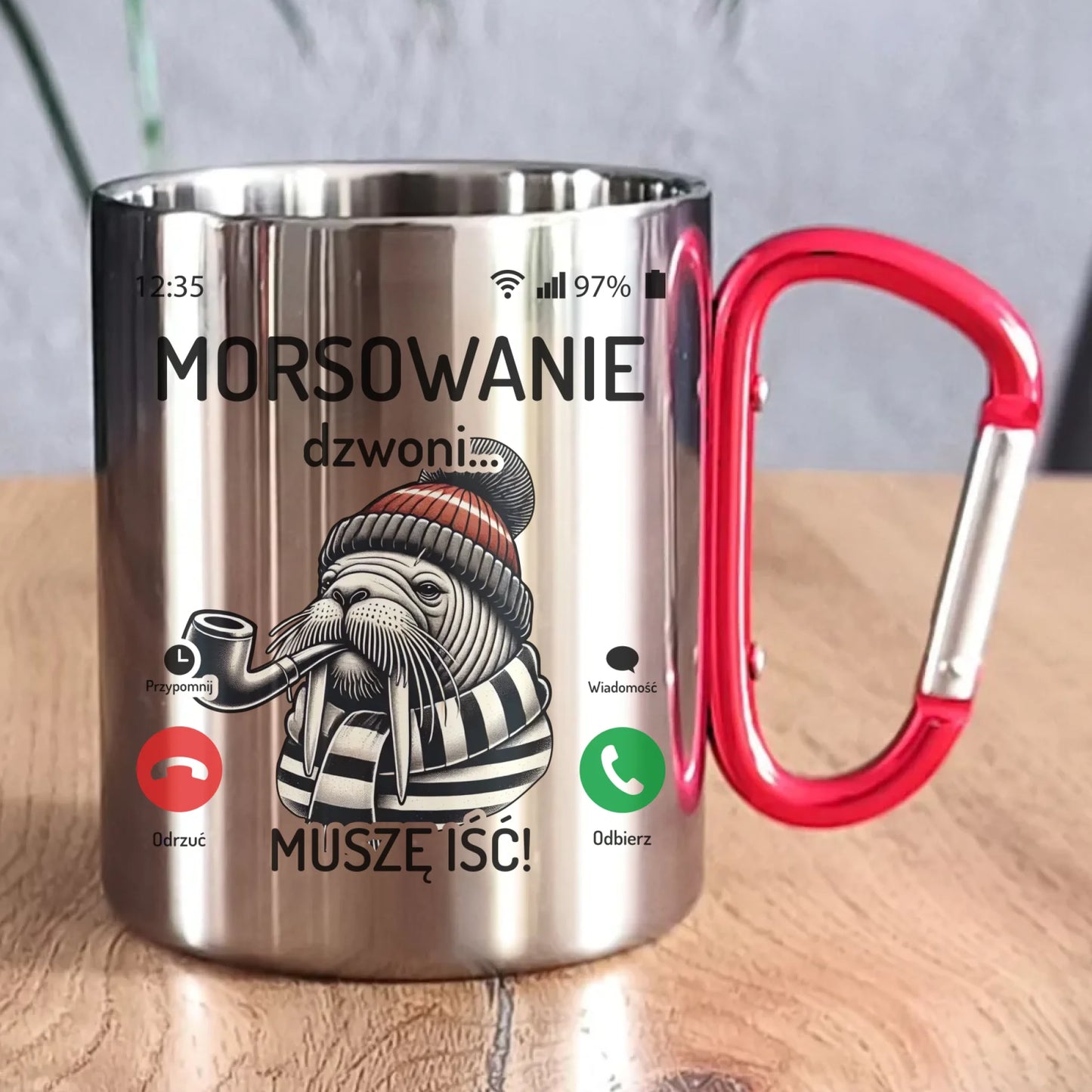 Kubek metalowy - prezent dla morsa - Morsowanie dzwoni muszę iść - Mors HM19 - StoryCups.pl