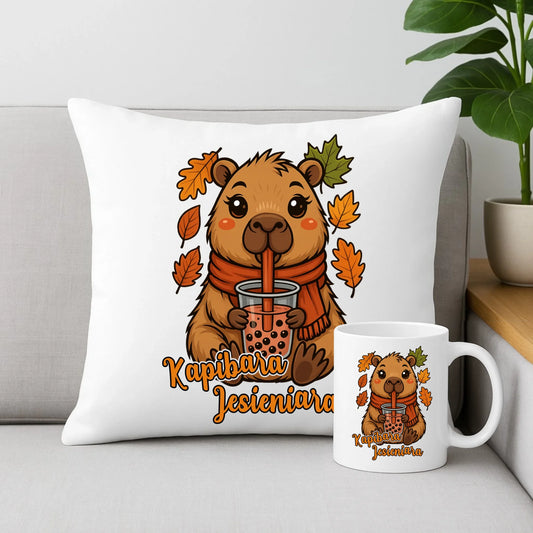 Zestaw poduszka i kubek jesienny - Kapibara Jesieniara JS19 - StoryCups.pl