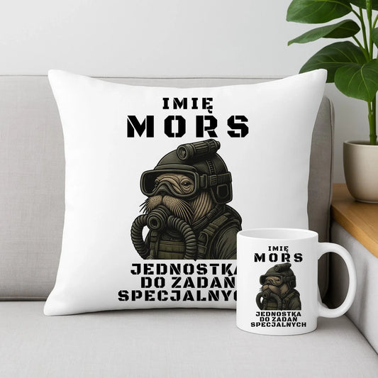 Zestaw poduszka i kubek - prezent dla morsa - Mors do zadań specjalnych - personalizowany HM07 - StoryCups.pl