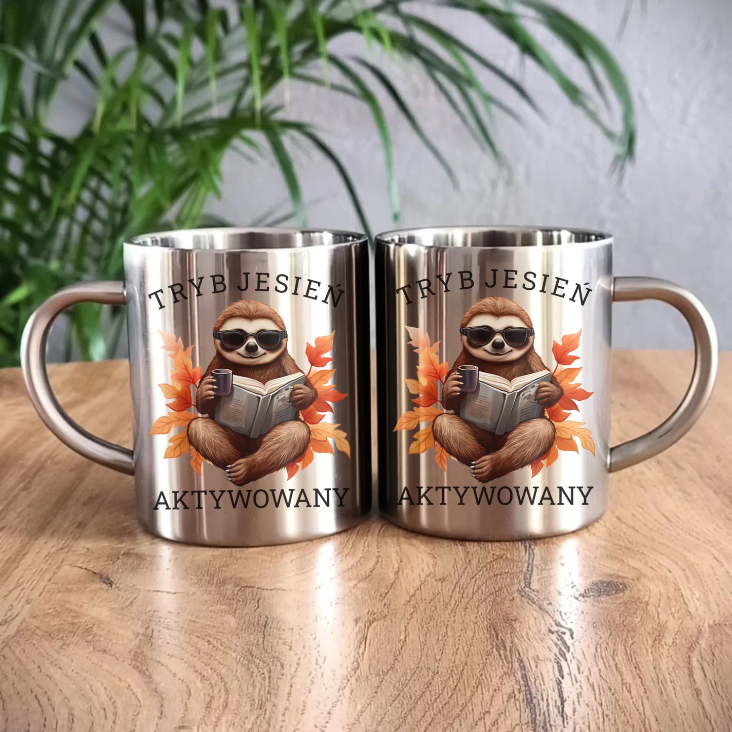 Kubek metalowy jesienny - Leniwiec - Tryb jesień aktywowany JS23 - StoryCups.pl