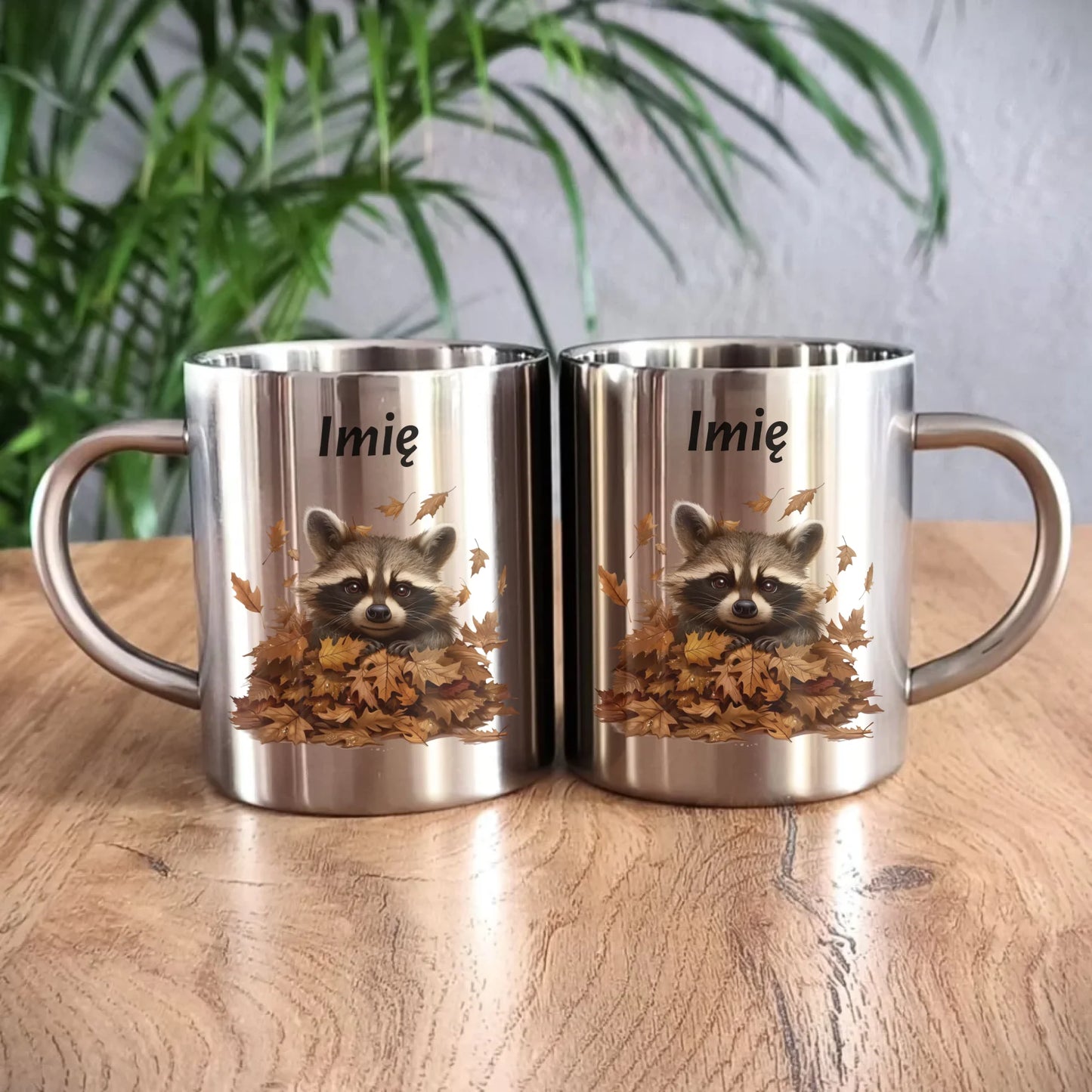 Kubek metalowy jesienny - Szop w liściach - personalizowany JS24 - StoryCups.pl