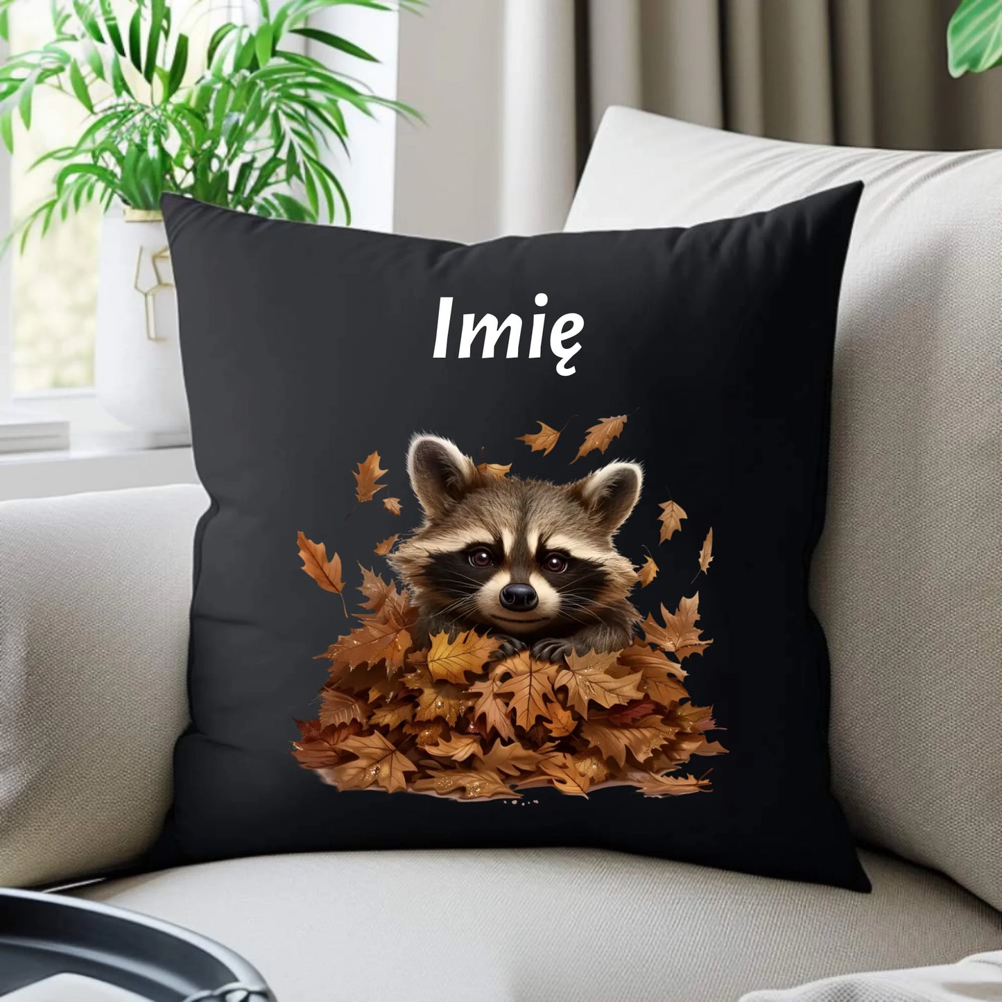 Poduszka dekoracyjna jesienna - Szop w liściach - personalizowana JS24 - StoryCups.pl