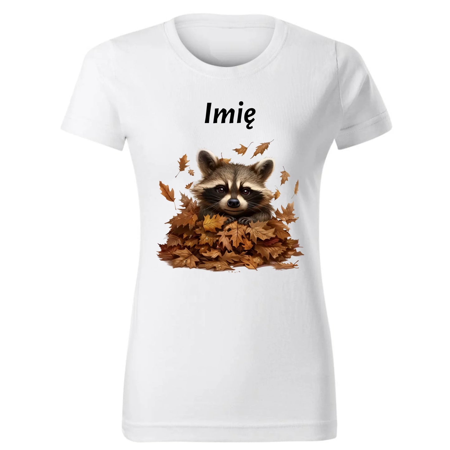 Koszulka damska jesienna - Szop w liściach - personalizowana JS24 - StoryCups.pl