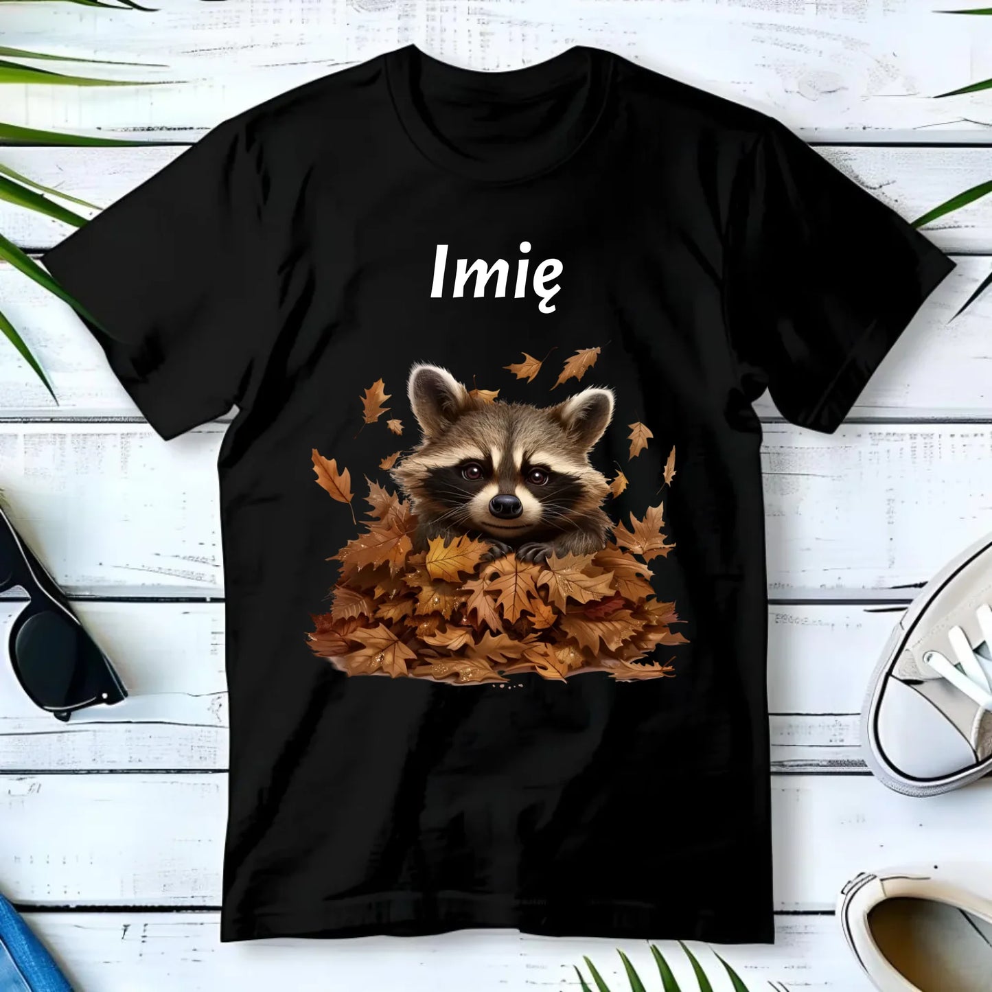 Koszulka męska jesienna - Szop w liściach - personalizowana JS24 - StoryCups.pl