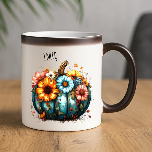 Kubek magiczny jesienny - Kwiatowa dynia - personalizowany JS27 - StoryCups.pl