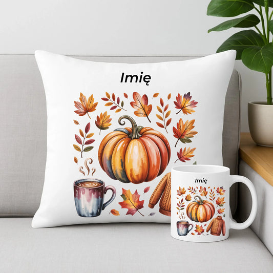 Zestaw poduszka i kubek jesienny - Złota jesień - personalizowany JS30 - StoryCups.pl
