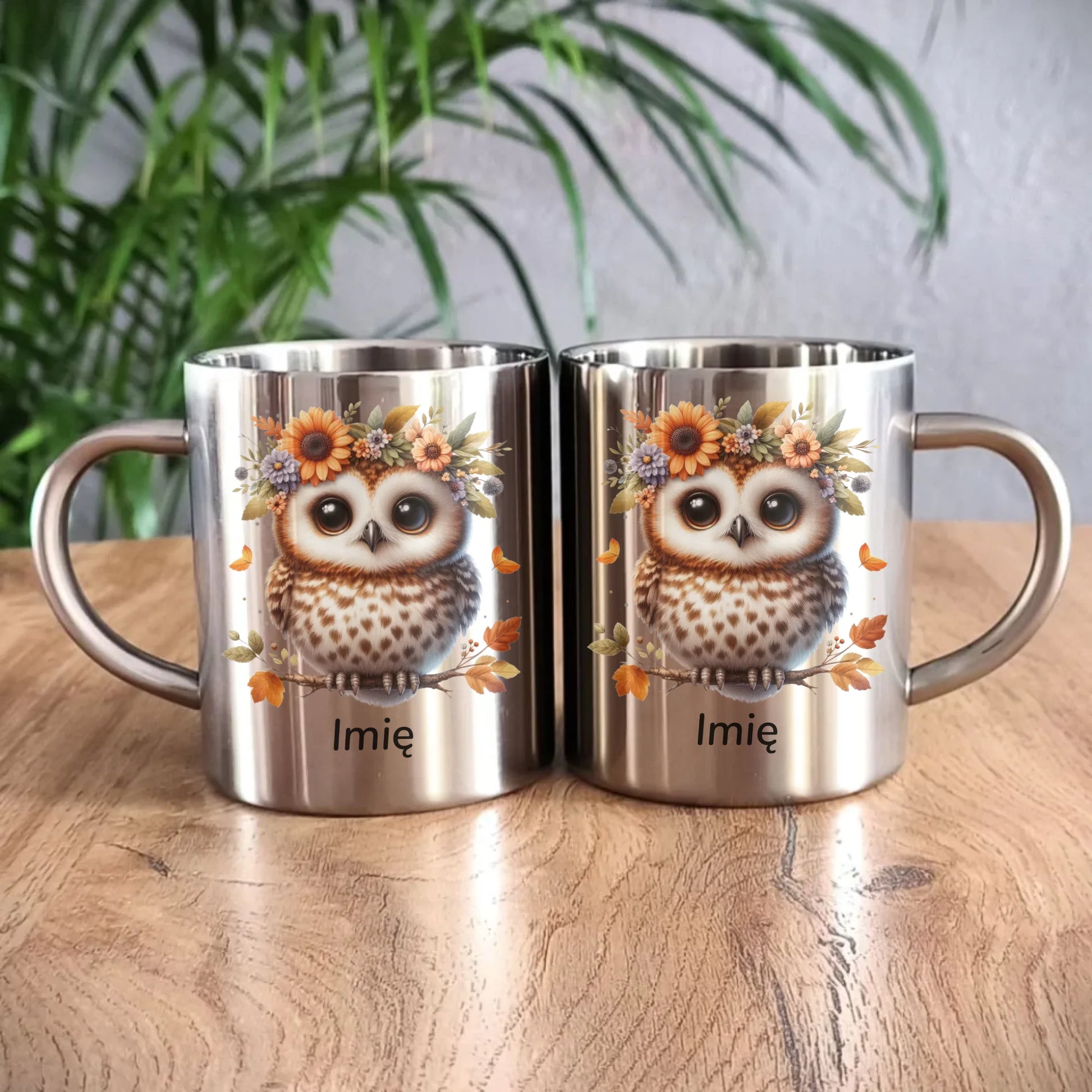 Kubek metalowy jesienny - Sowa w kwiatach JS32 - StoryCups.pl