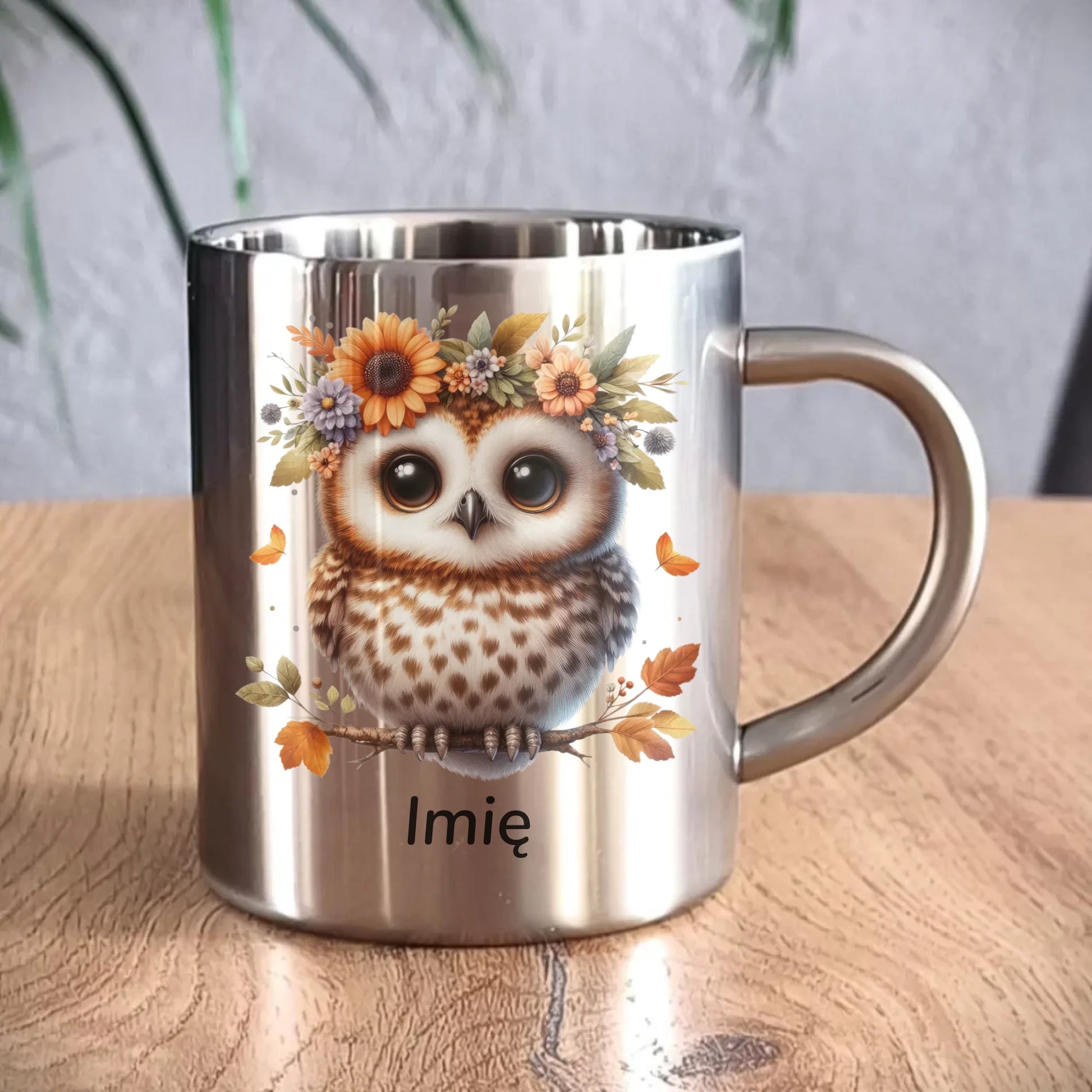 Kubek metalowy jesienny - Sowa w kwiatach JS32 - StoryCups.pl