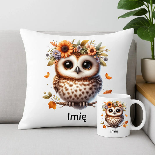 Zestaw poduszka i kubek jesienny - Sowa w kwiatach JS32 - StoryCups.pl