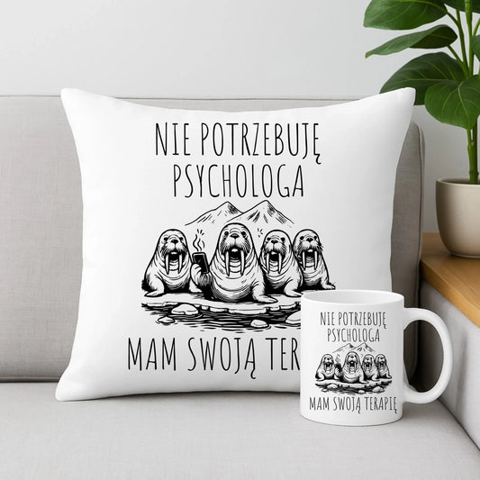 Zestaw poduszka i kubek - prezent dla morsa - Nie potrzebuję psychologa HM14 - StoryCups.pl