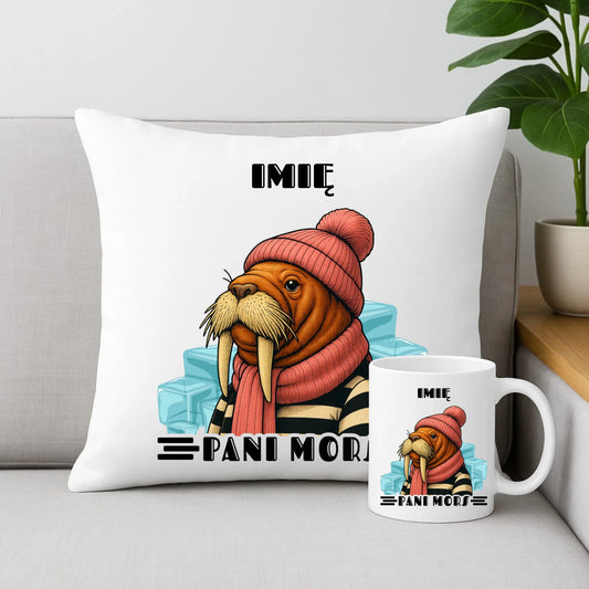 Zestaw poduszka i kubek - prezent dla morsa - Pani Mors - personalizowany HM16 - StoryCups.pl