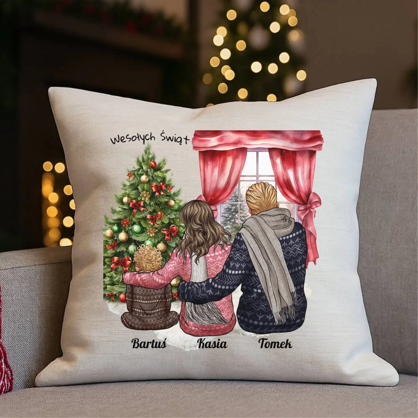 Świąteczna rodzina | Personalizowana poduszka świąteczna z rodziną R01 - StoryCups.pl