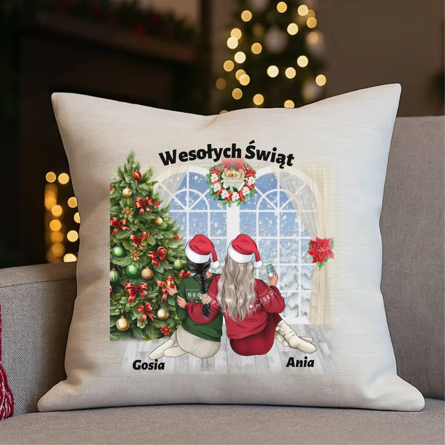 Prezent na Święta dla przyjaciółki 2-4 osoby | Personalizowana świąteczna poduszka P05 - StoryCups.pl