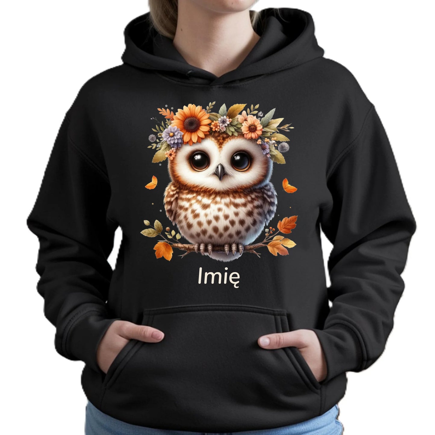 Bluza damska z kapturem jesienna - Sowa w kwiatach JS32