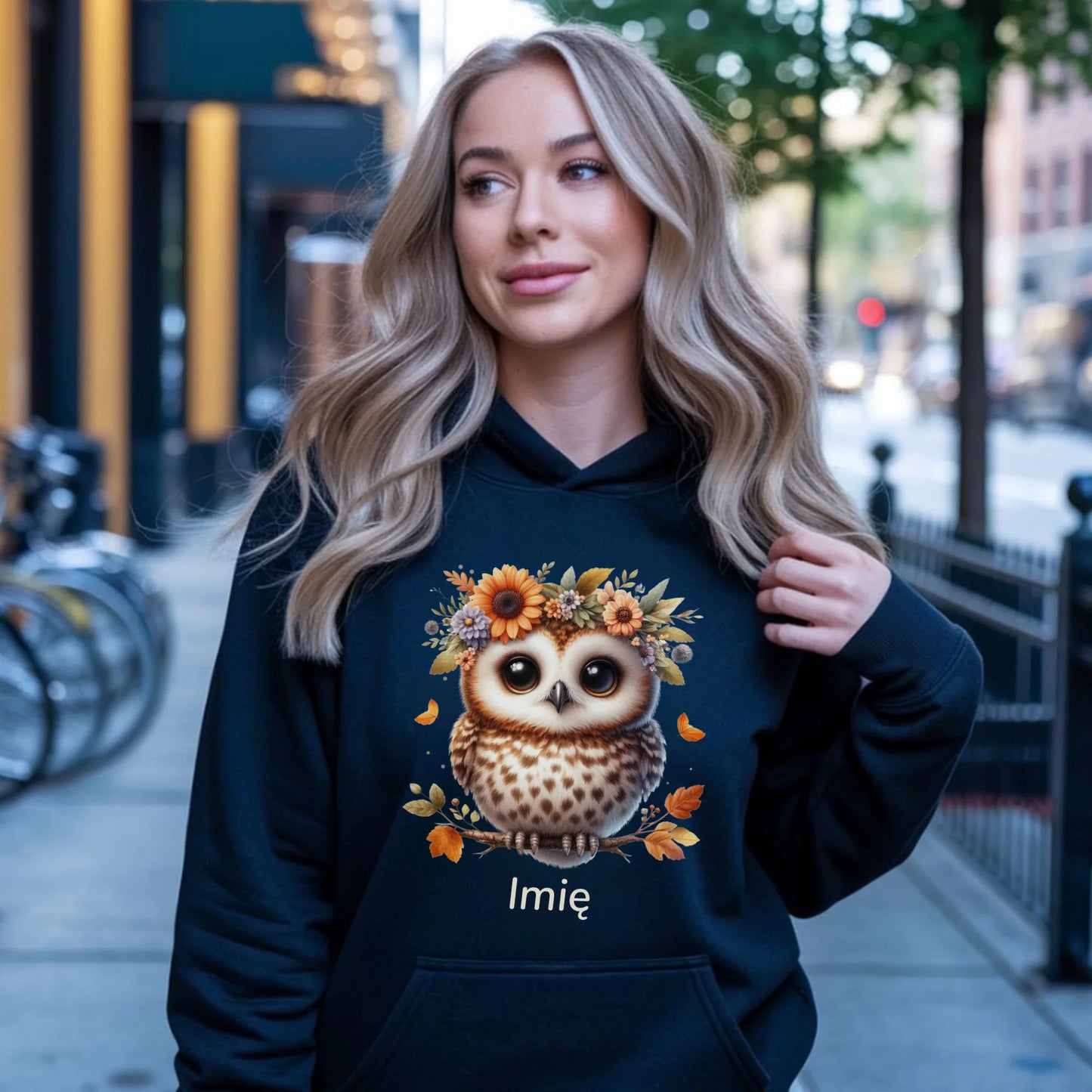 Bluza damska z kapturem jesienna - Sowa w kwiatach JS32