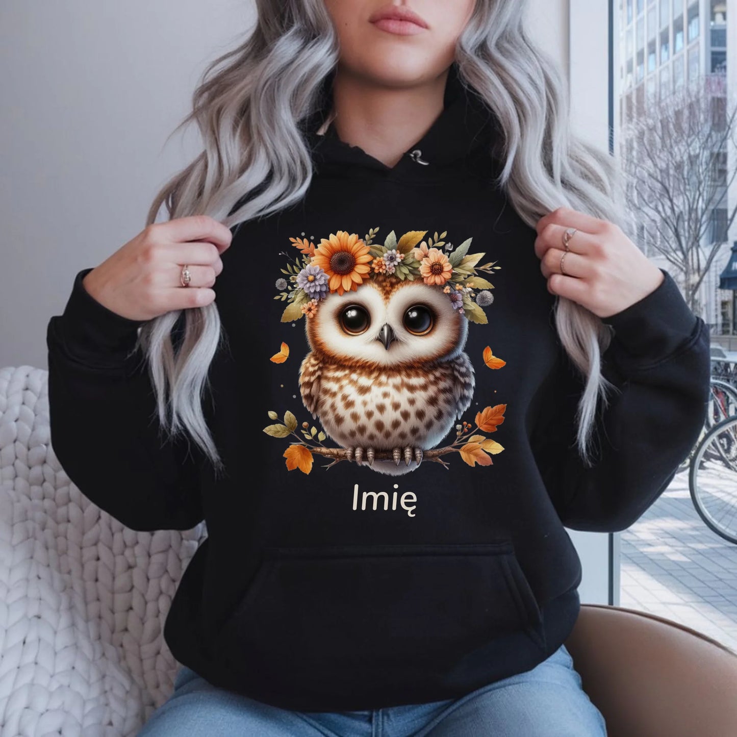 Bluza damska z kapturem jesienna - Sowa w kwiatach JS32