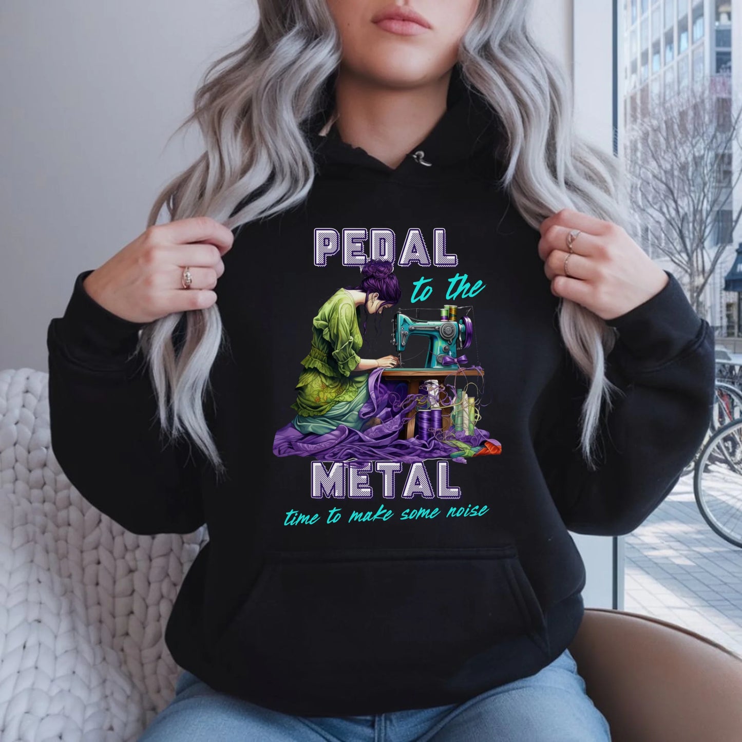 Bluza damska z kapturem szyciowa - prezent dla krawcowej - PEDAL METAL HS01