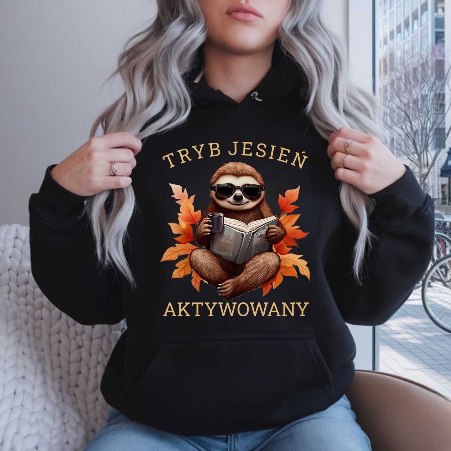 Bluza damska z kapturem jesienna - Leniwiec - Tryb jesień aktywowany JS23