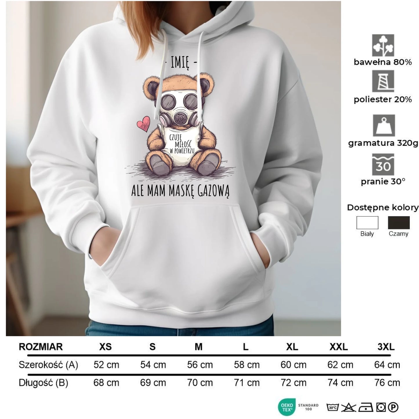 Bluza damska z kapturem - Miś w masce gazowej - Czuję miłość w powietrzu - personalizowana W38 - StoryCups.pl