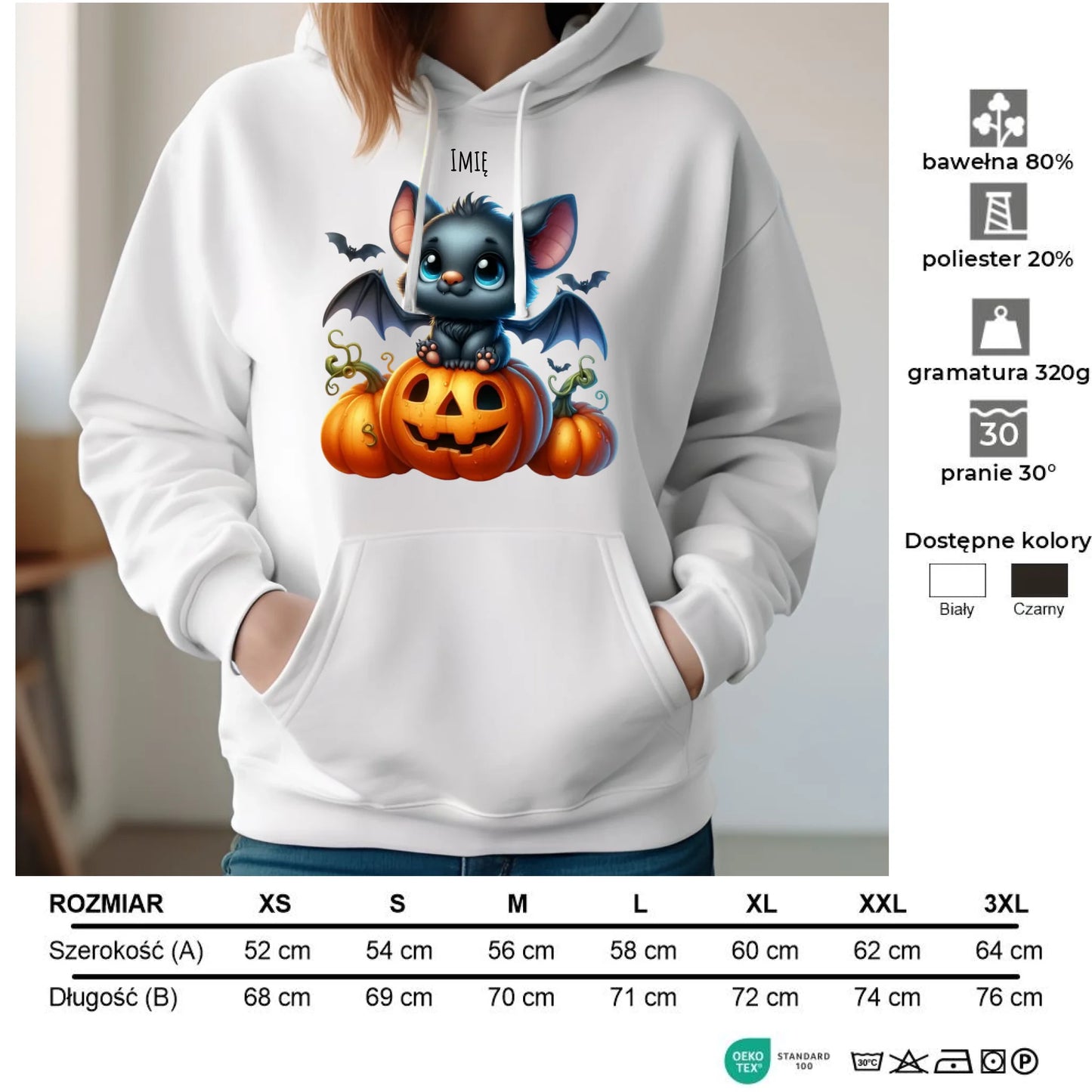 Bluza damska z kapturem halloweenowa - Słodki nietoperz z dynią - personalizowana HL09 - StoryCups.pl