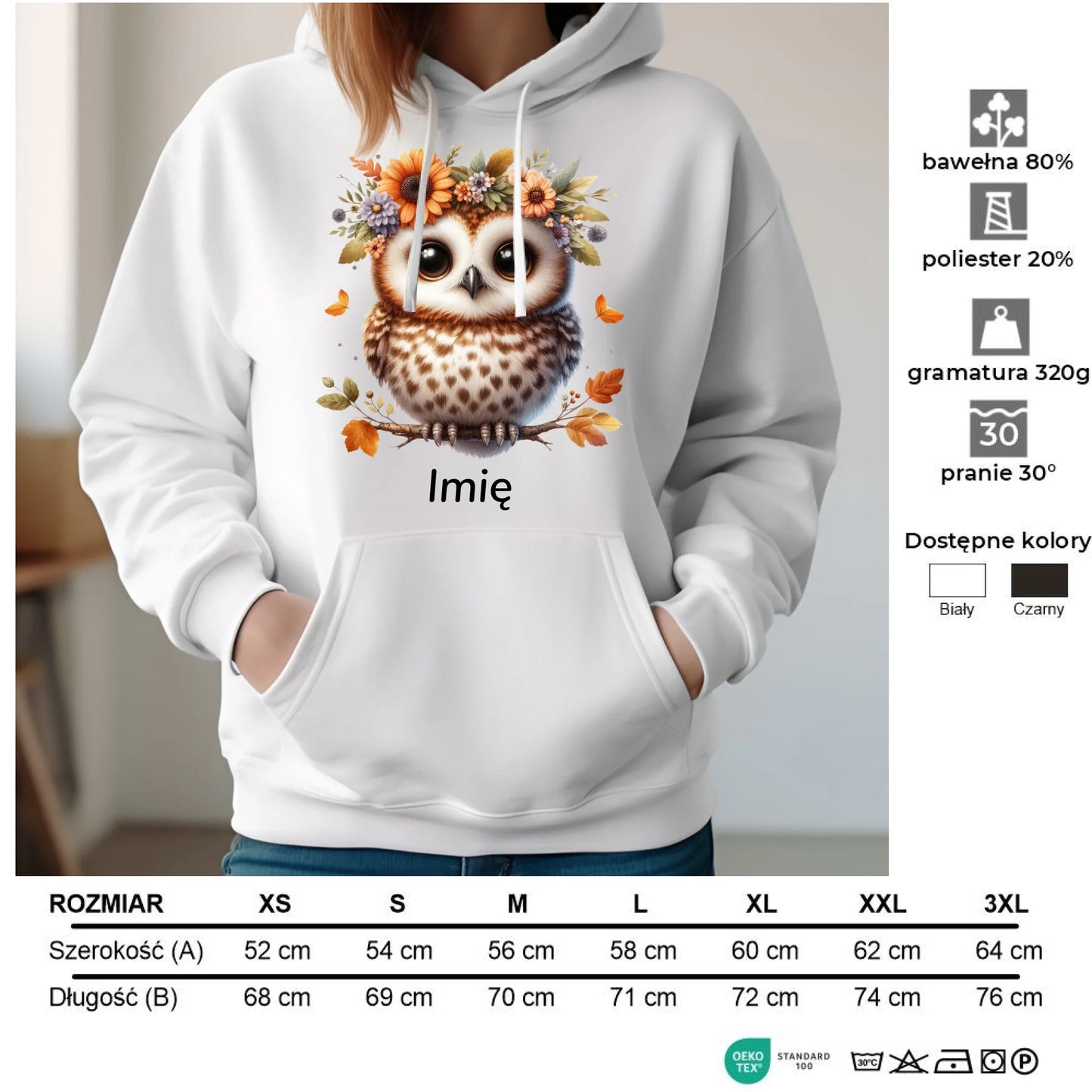 Bluza damska z kapturem jesienna - Sowa w kwiatach JS32