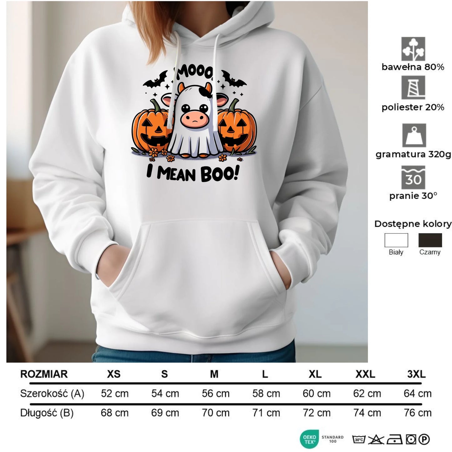 Bluza damska z kapturem na Halloween - Mooo I mean Boo! - z dynią i duchem HL14 - StoryCups.pl