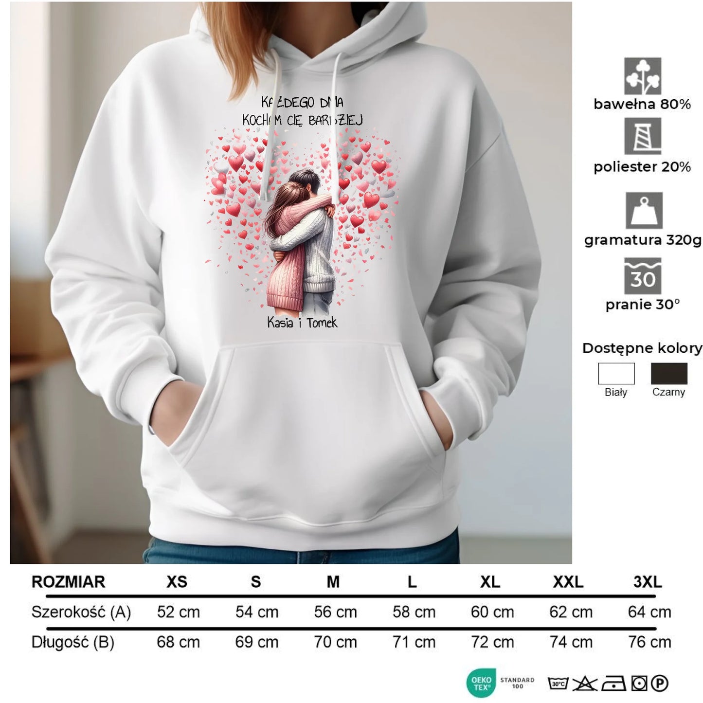 Bluza damska z kapturem dla par - prezent dla dziewczyny - Kocham Cię - personalizowana W09 - StoryCups.pl