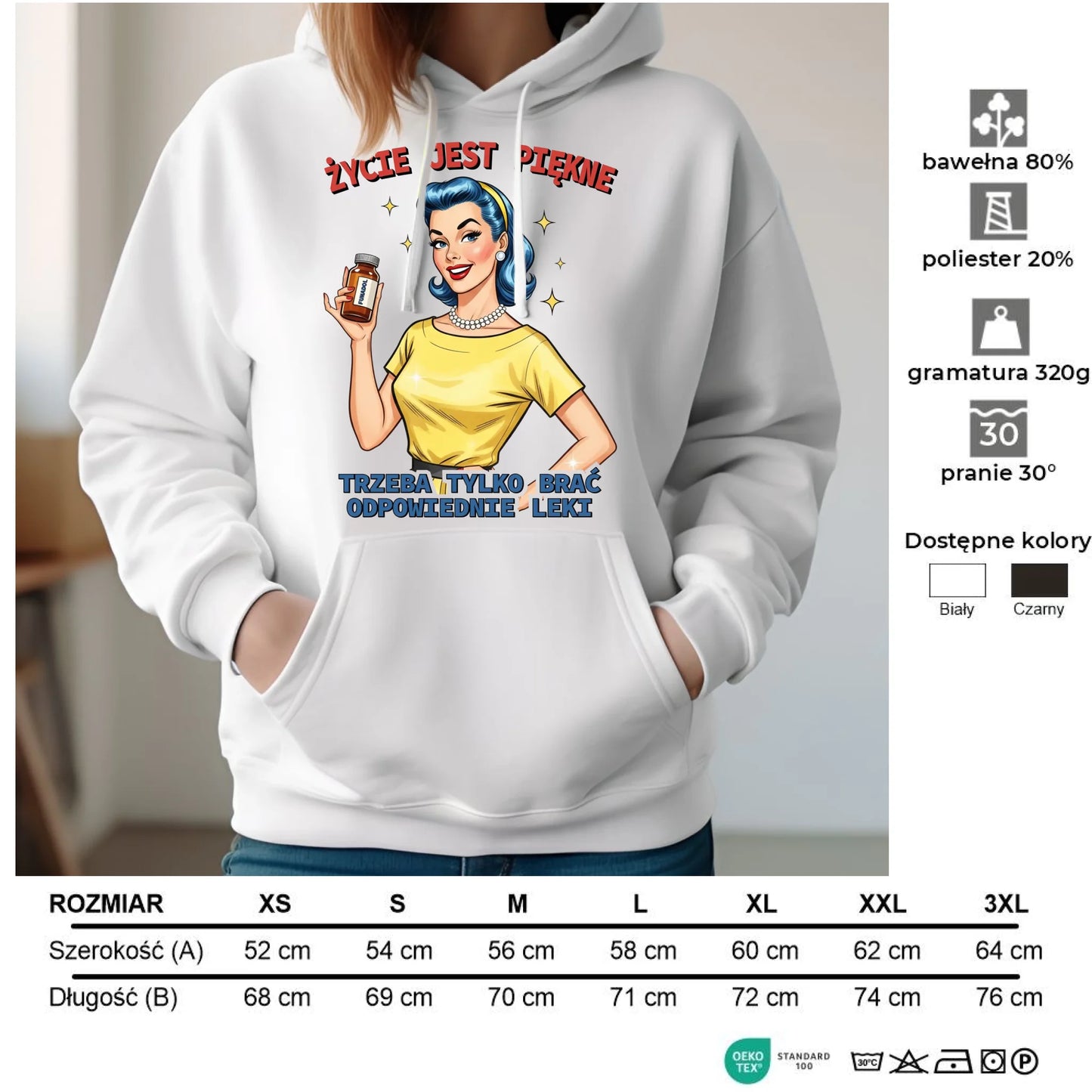 Bluza damska z kapturem retro - Życie jest piękne, trzeba brać odpowiednie leki DZ14 - StoryCups.pl