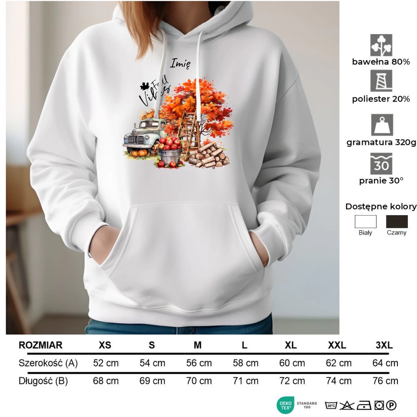 Bluza damska z kapturem jesienna – Vintage auto dynie i jabłka – personalizowana JS07 - StoryCups.pl