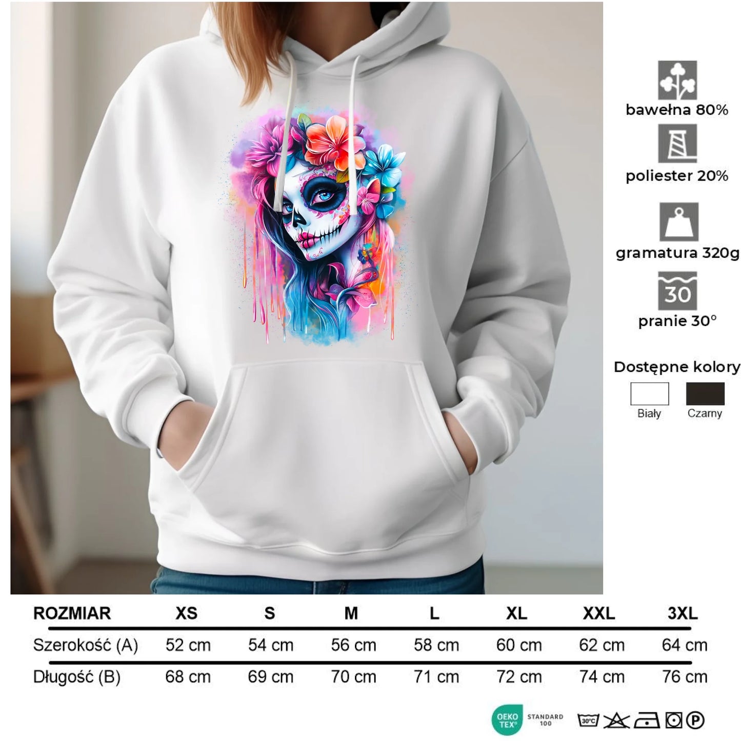 Bluza damska z kapturem Halloween - kolorowa czaszka z kwiatami La Muerte HL05 - StoryCups.pl