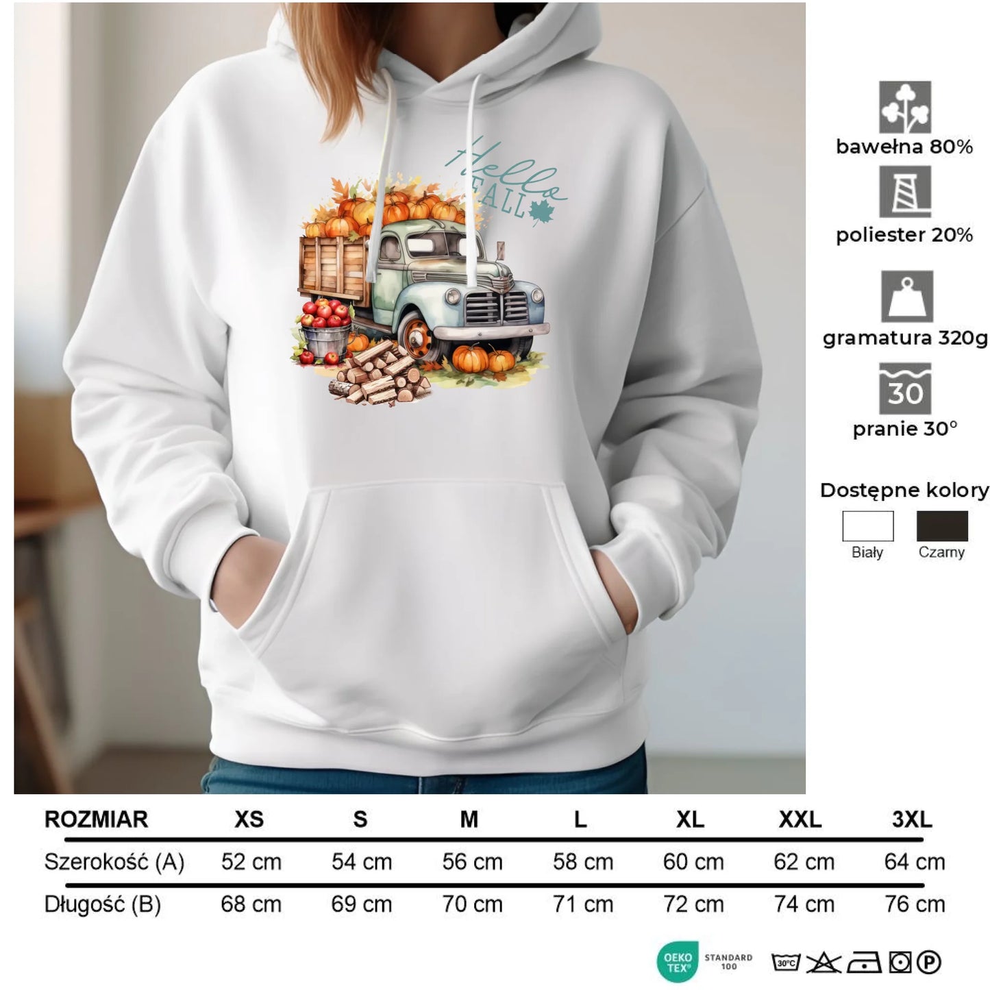 Bluza damska z kapturem – Hello Fall ciężarówka z dyniami JS08 - StoryCups.pl