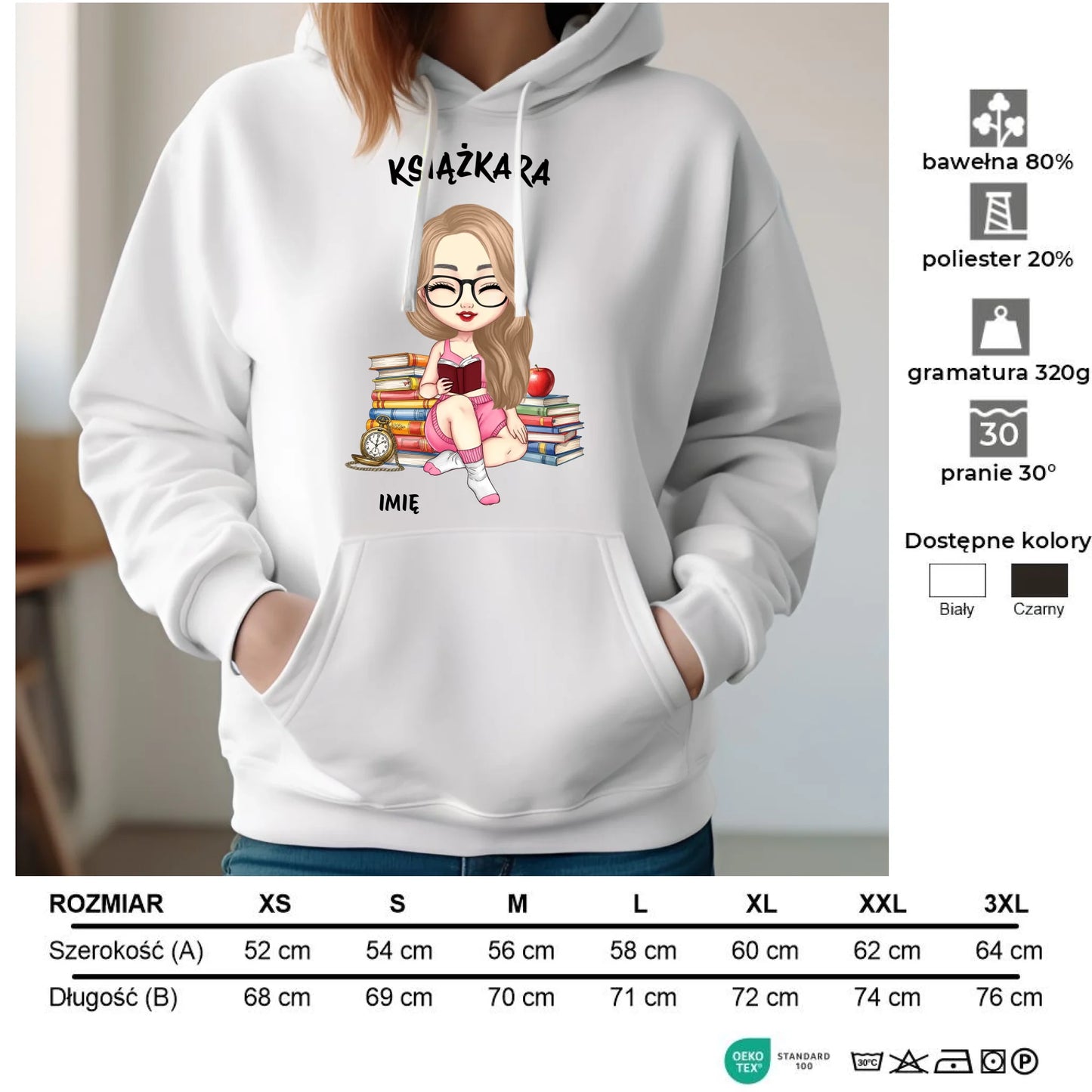 Bluza damska z kapturem - Książkara - Prezent dla miłośniczki czytania książek - personalizowana DZ04 - StoryCups.pl