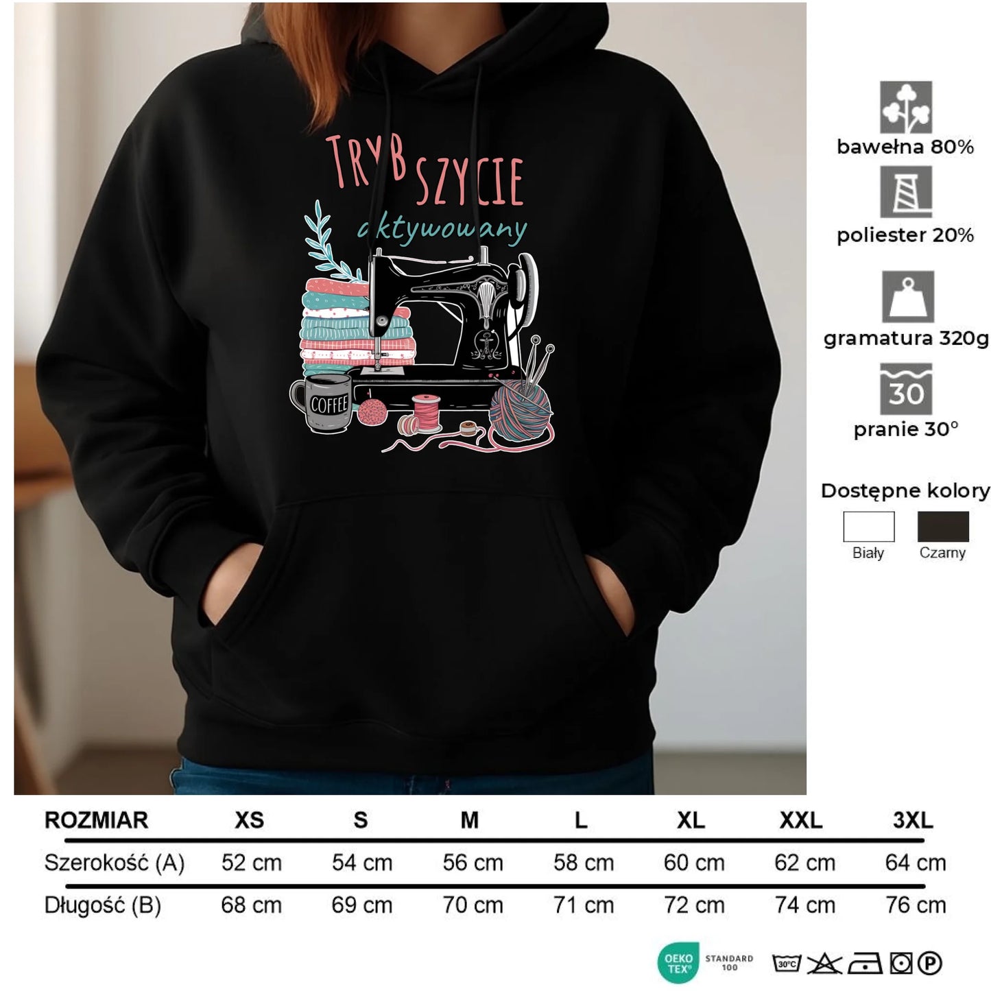 Bluza damska z kapturem szyciowa dla krawcowej - Tryb szycie aktywowany HS06