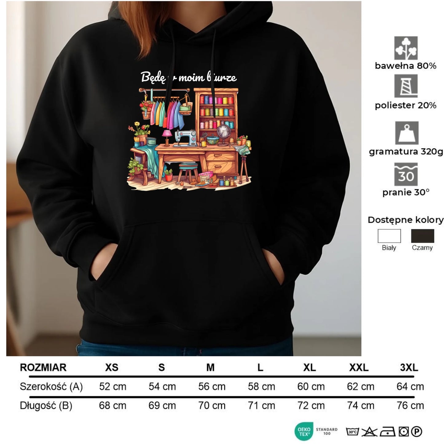Bluza damska z kapturem szyciowa dla krawcowej - Będę w moim biurze HS07