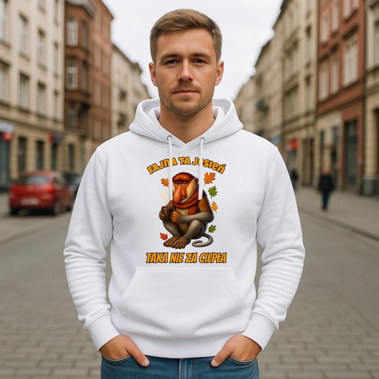 Bluza męska z kapturem jesienna - Janusz Nosacz - Fajna ta jesień, taka nie za ciepła JS21 - StoryCups.pl