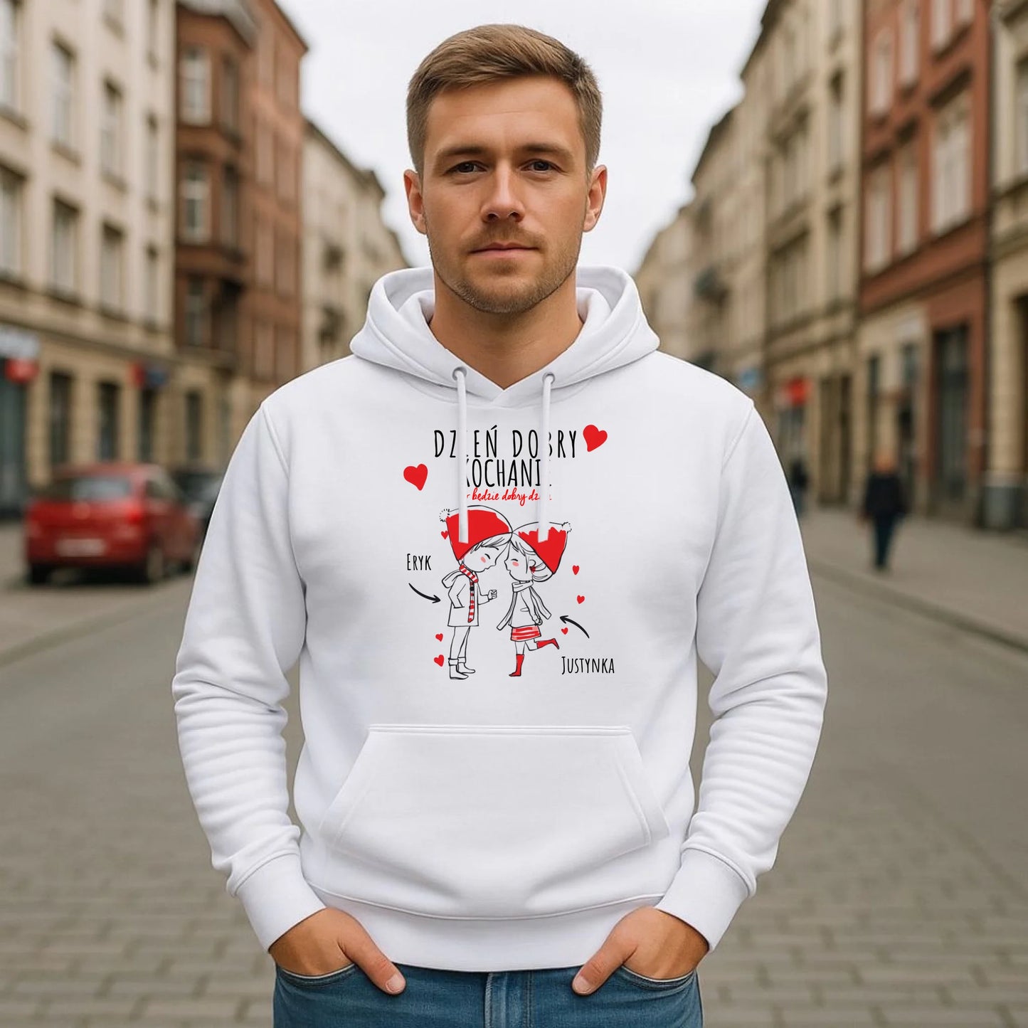 Bluza męska z kapturem dla par - prezent na Walentynki - Dzień dobry Kochanie - personalizowana W10 - StoryCups.pl