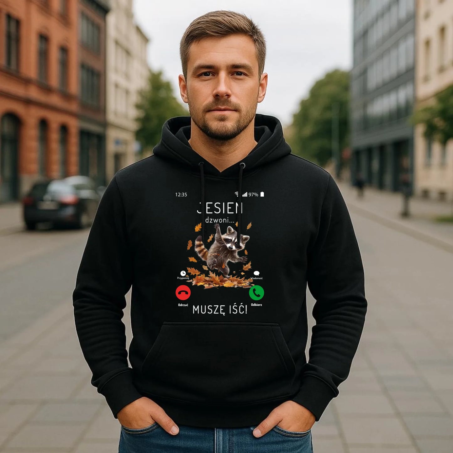 Bluza męska z kapturem jesienna - Jesień dzwoni muszę iść JS18 - StoryCups.pl