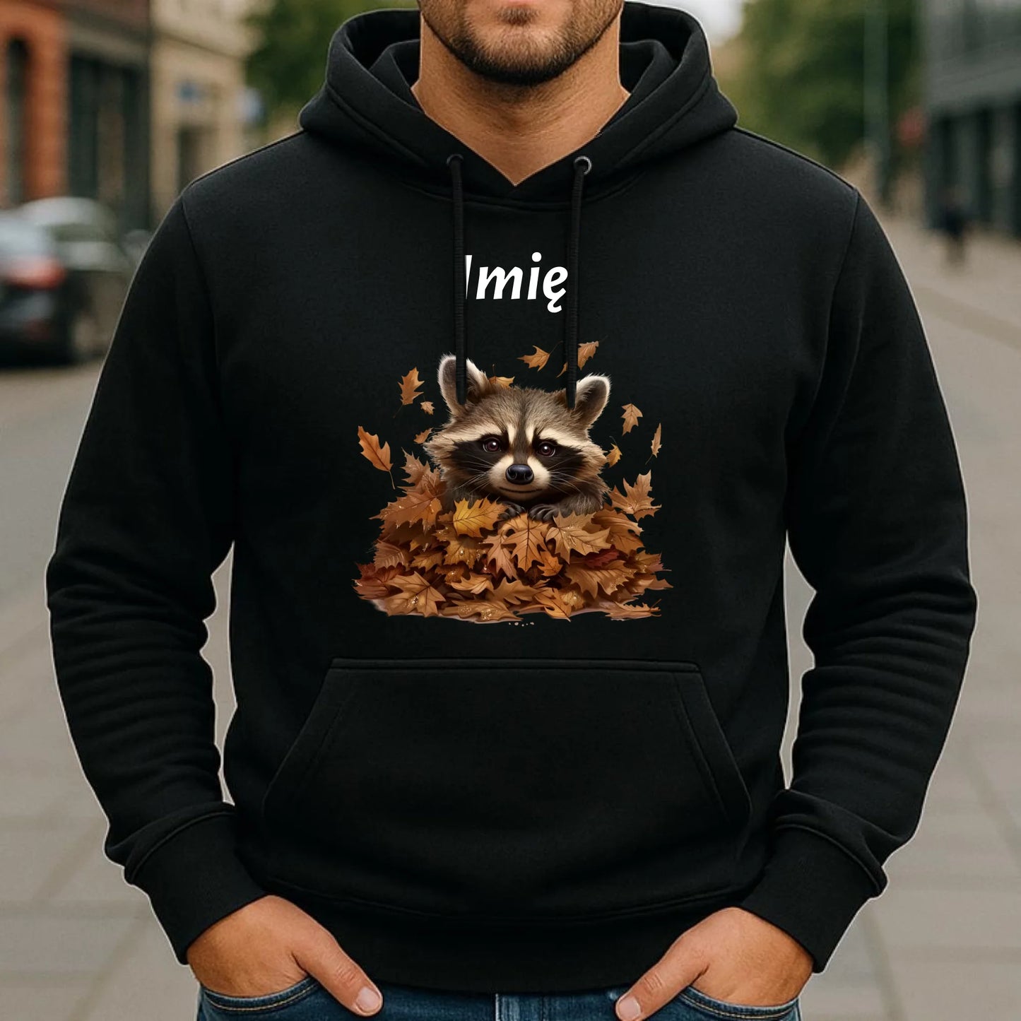 Bluza męska z kapturem jesienna - Szop w liściach - personalizowana JS24