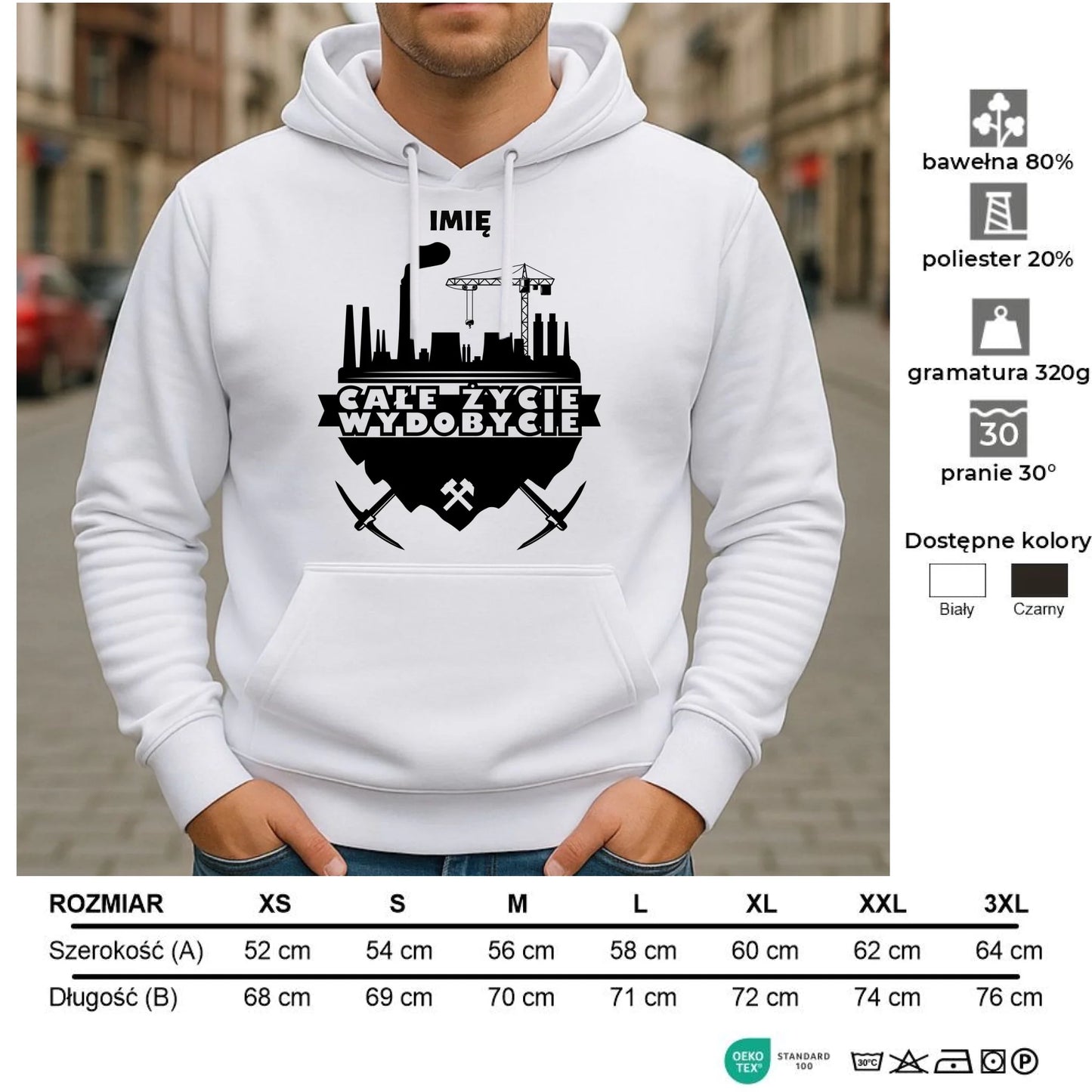 Bluza męska z kapturem - prezent dla górnika - Całe życie wydobycie - personalizowana G09 - StoryCups.pl