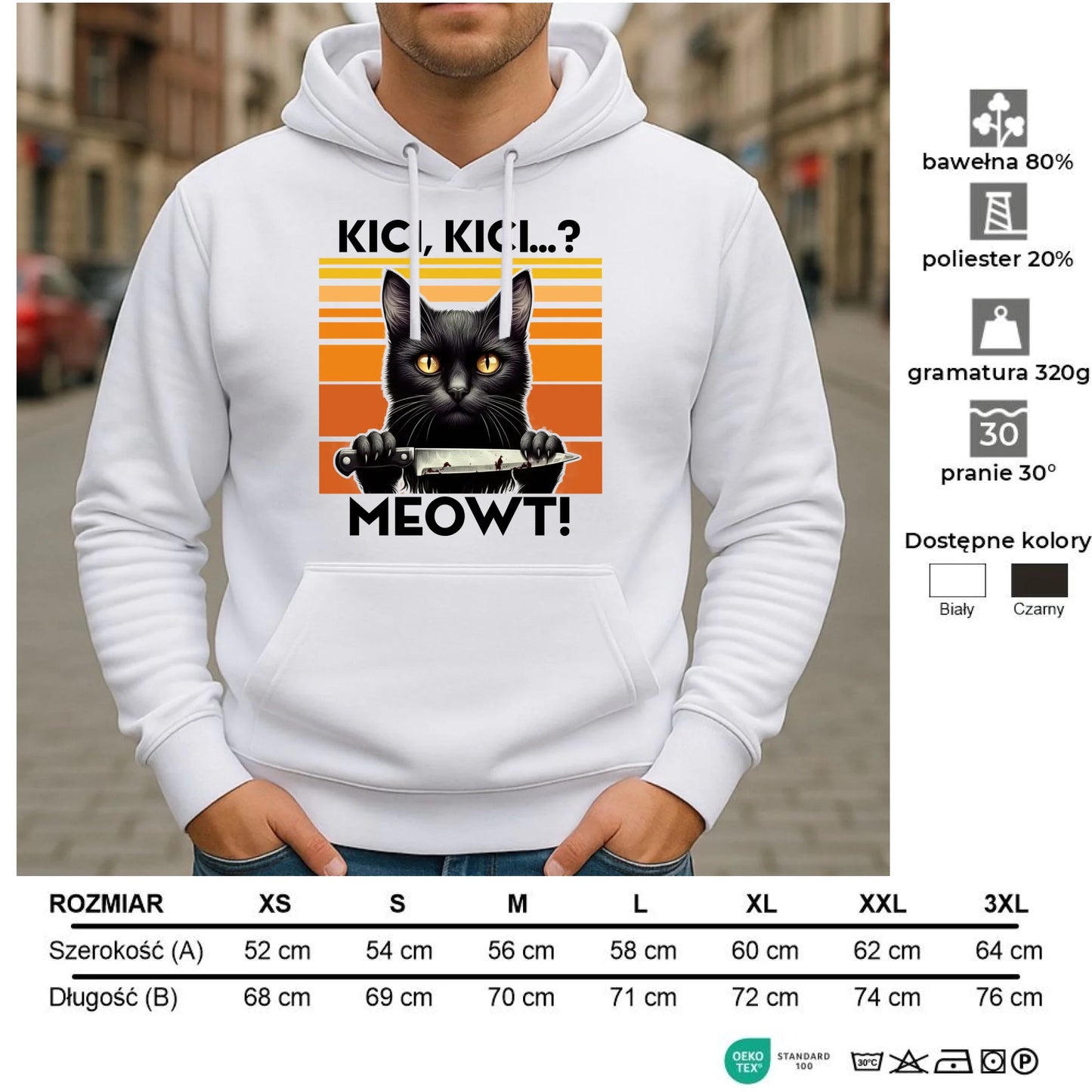 Bluza męska z kapturem - Kot z nożem - Kici, kici... MEOWT! HL17 - StoryCups.pl