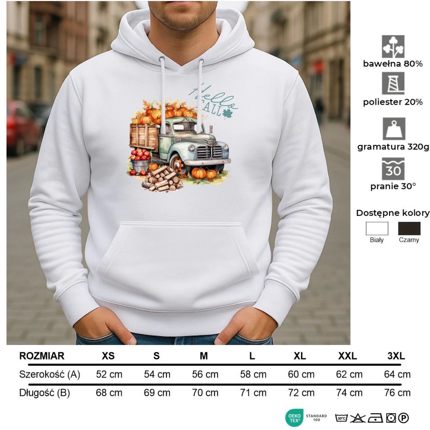 Bluza męska z kapturem jesienna – Hello Fall ciężarówka z dyniami JS08 - StoryCups.pl