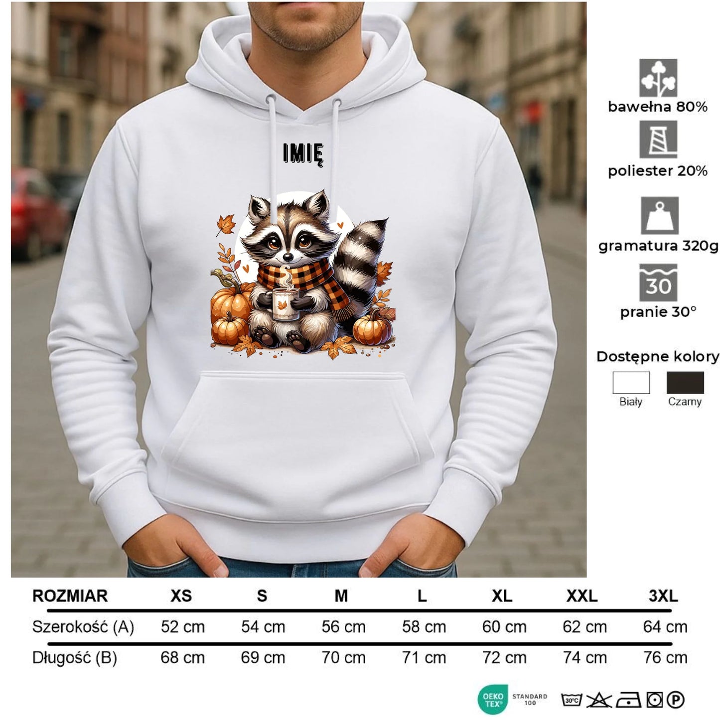 Bluza męska z kapturem jesienna – Szop z kawą i dyniami - personalizowana JS16 - StoryCups.pl
