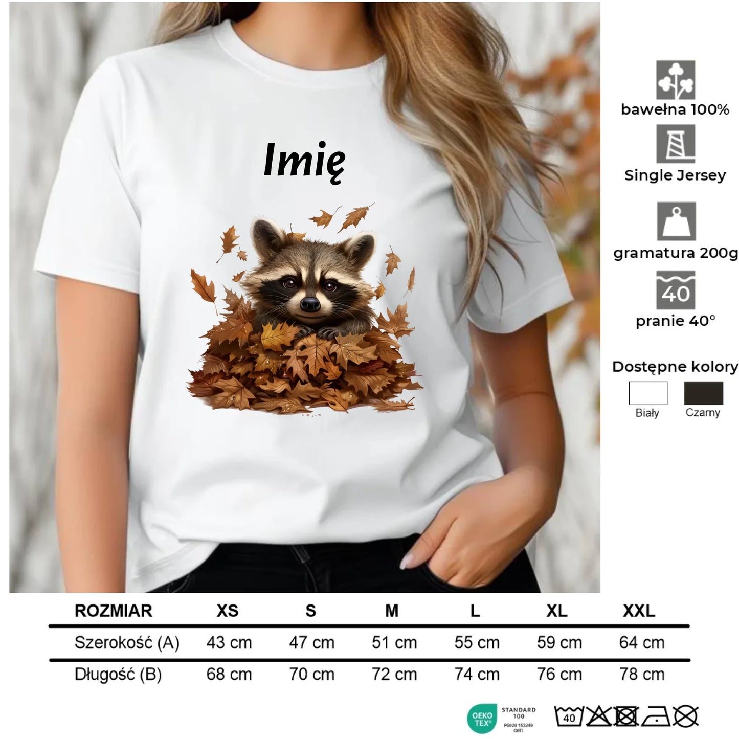 Koszulka damska jesienna - Szop w liściach - personalizowana JS24 - StoryCups.pl