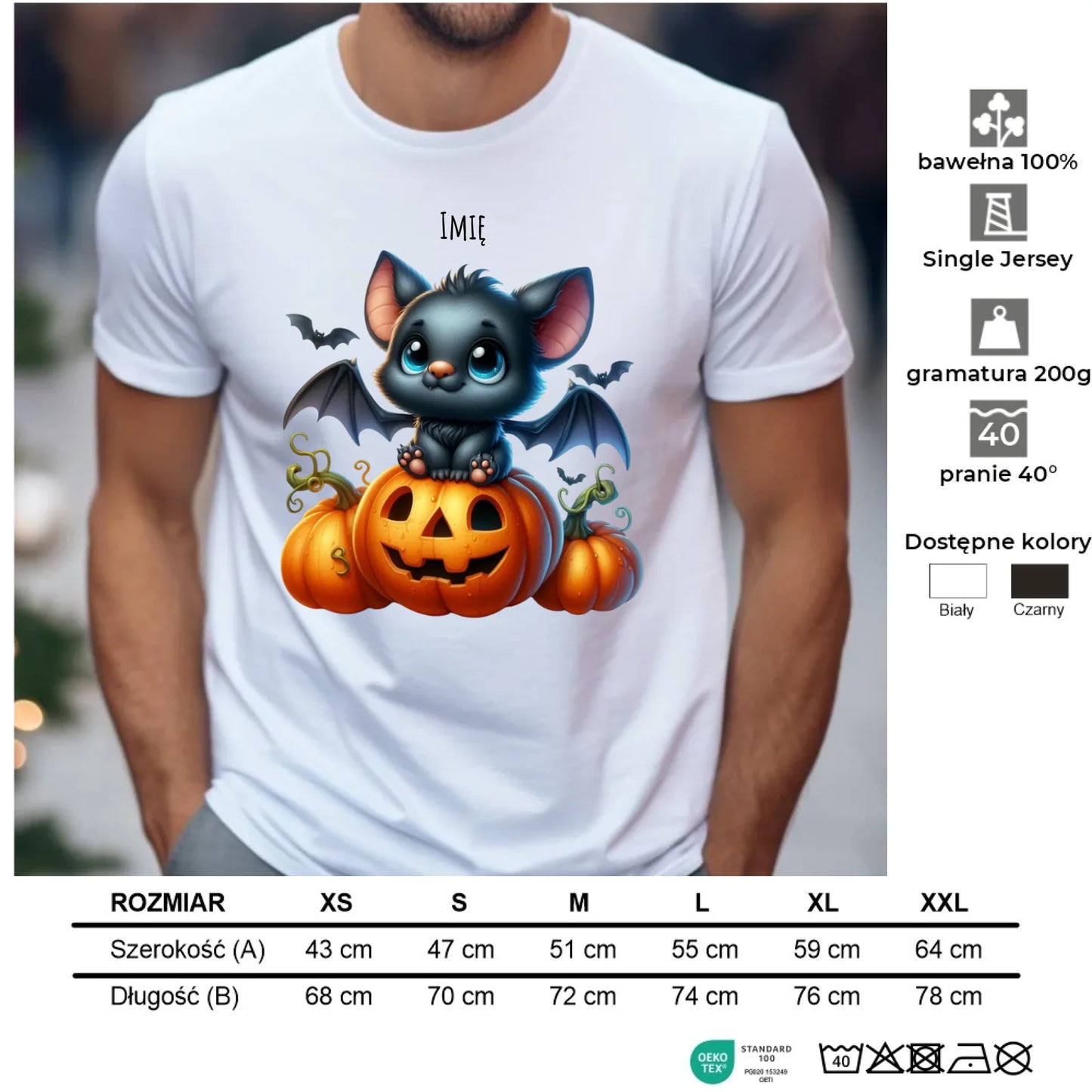 Koszulka męska halloweenowa - Słodki nietoperz z dynią - personalizowana HL09 - StoryCups.pl