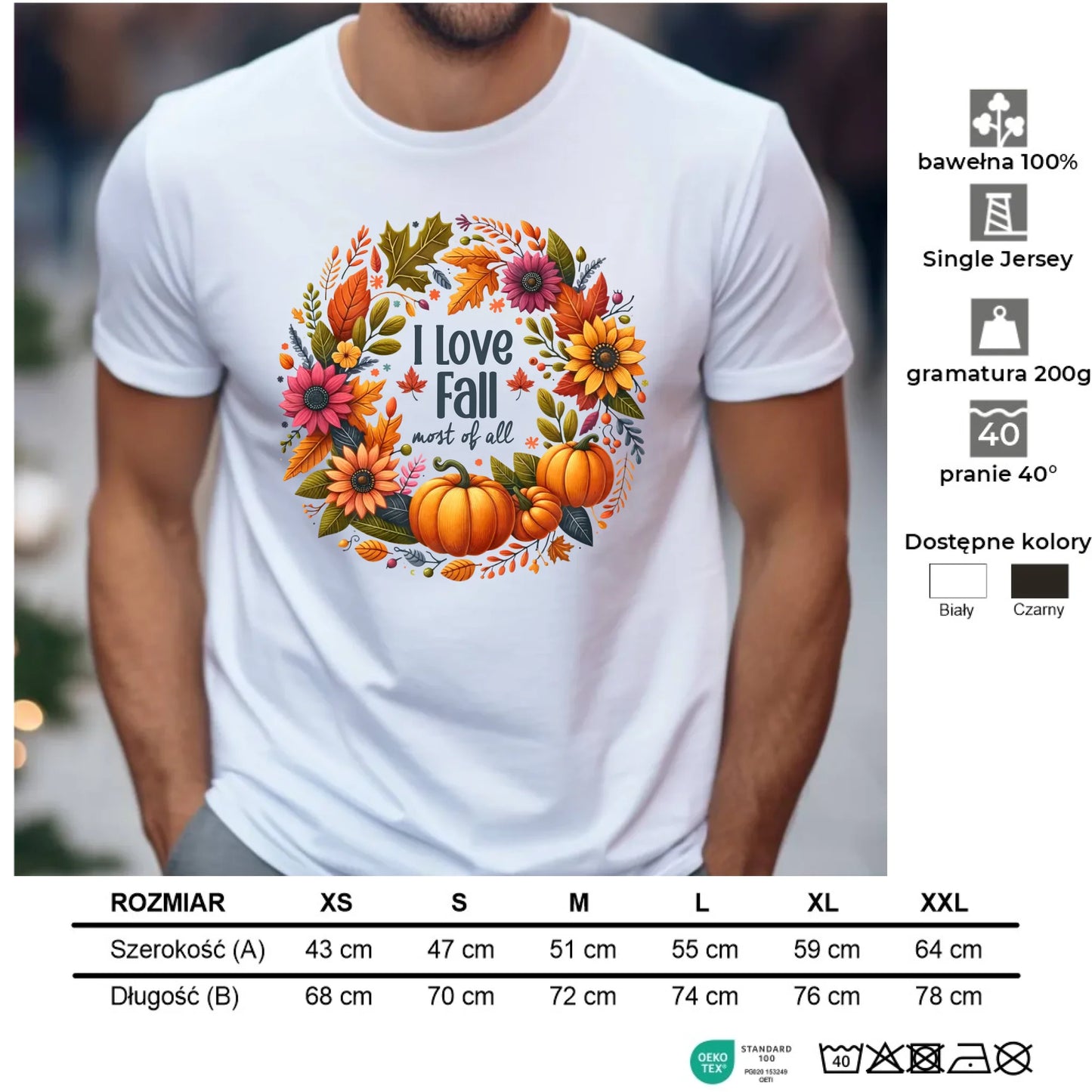 Koszulka męska jesienna - Kocham jesień - dynia z liśćmi JS03 - StoryCups.pl
