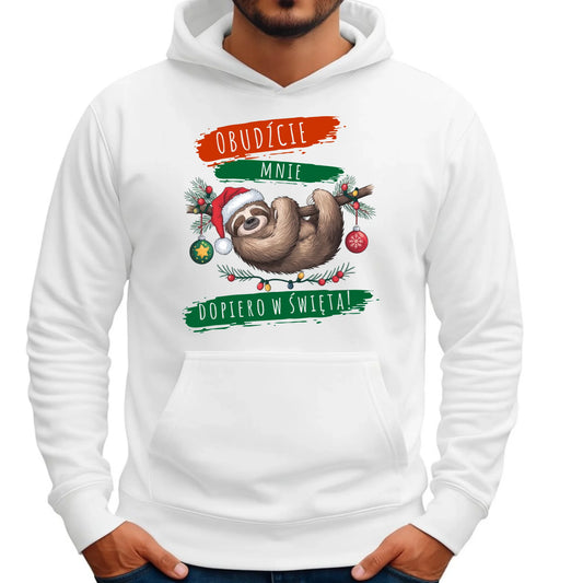 Bluza męska z kapturem świąteczna - Leniwiec - Obudźcie mnie dopiero w święta BN02 - StoryCups.pl
