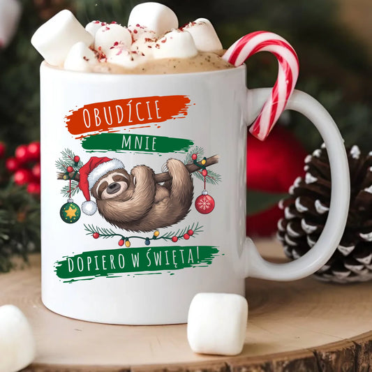 Kubek świąteczny - Leniwiec - Obudźcie mnie dopiero w święta BN02 - StoryCups.pl
