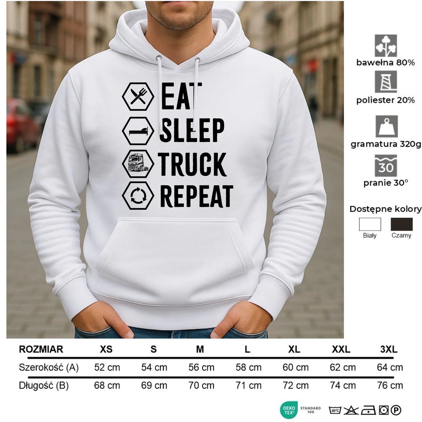 Bluza męska z kapturem dla kierowcy ciężarówki - Eat Sleep Truck Repeat ZKT05 - StoryCups.pl